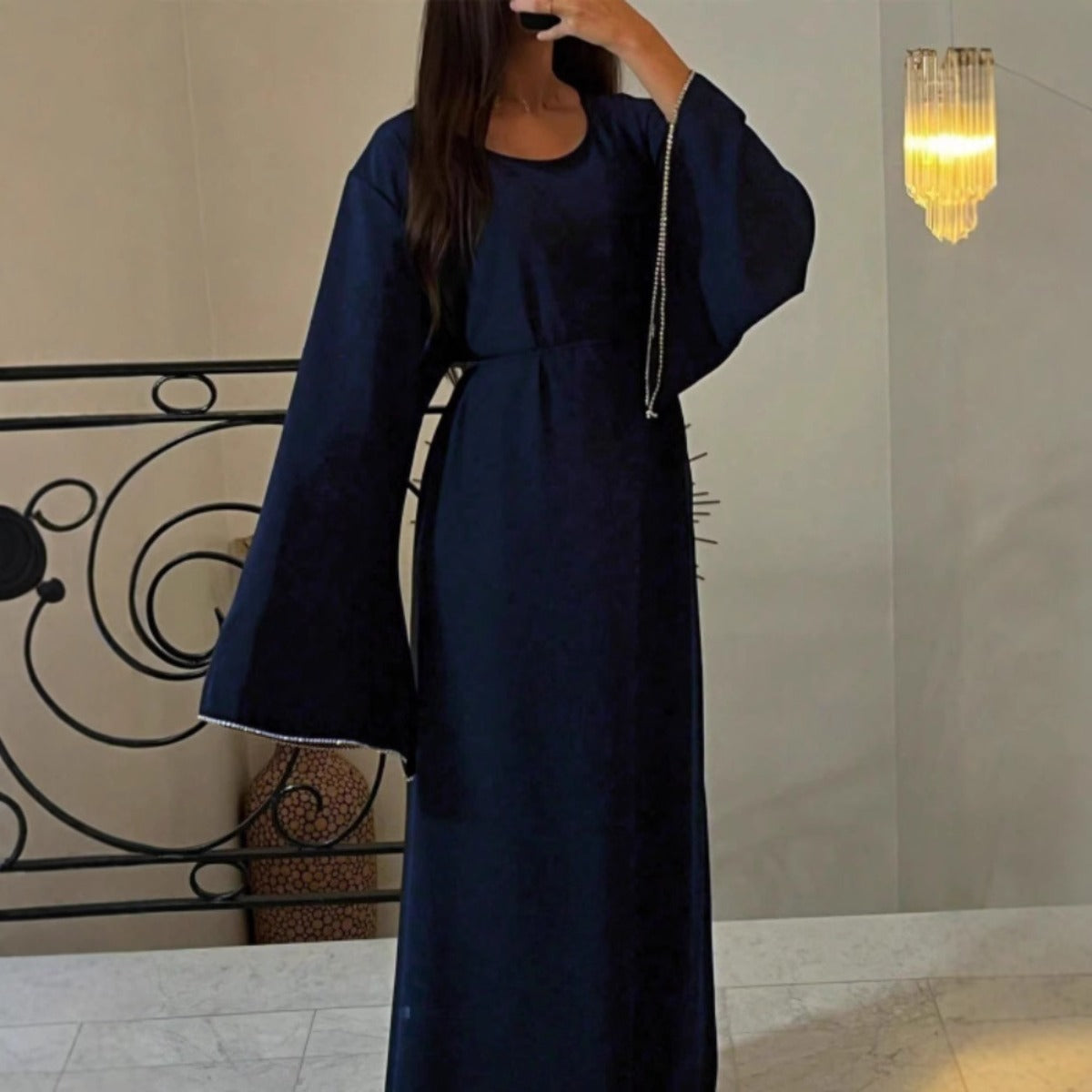 Luxury Loose Cuff Chain Abaya Dress - Modest Long Sleeve Elegant Robe with Silver Detailing(MA278)