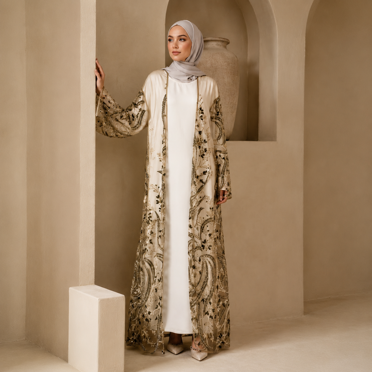 Luxus-Abaya mit handgefertigten Pailletten und Stickereien für Eid & Hochzeiten (MOA305)