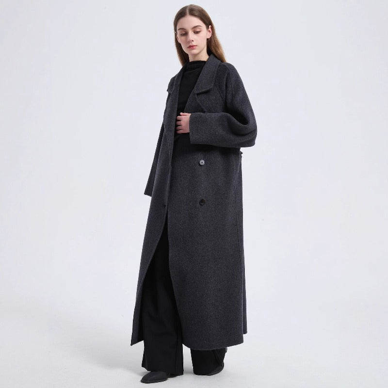 Long Wool Blend Trench Coat Abaya | Double-Breasted Belted Overcoat(MS188)