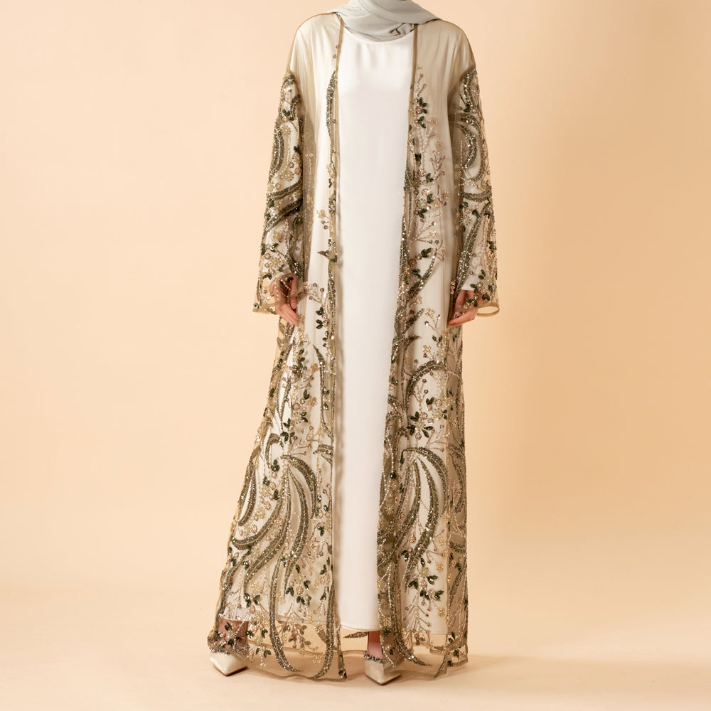 Luxus-Abaya mit handgefertigten Pailletten und Stickereien für Eid & Hochzeiten (MOA305)
