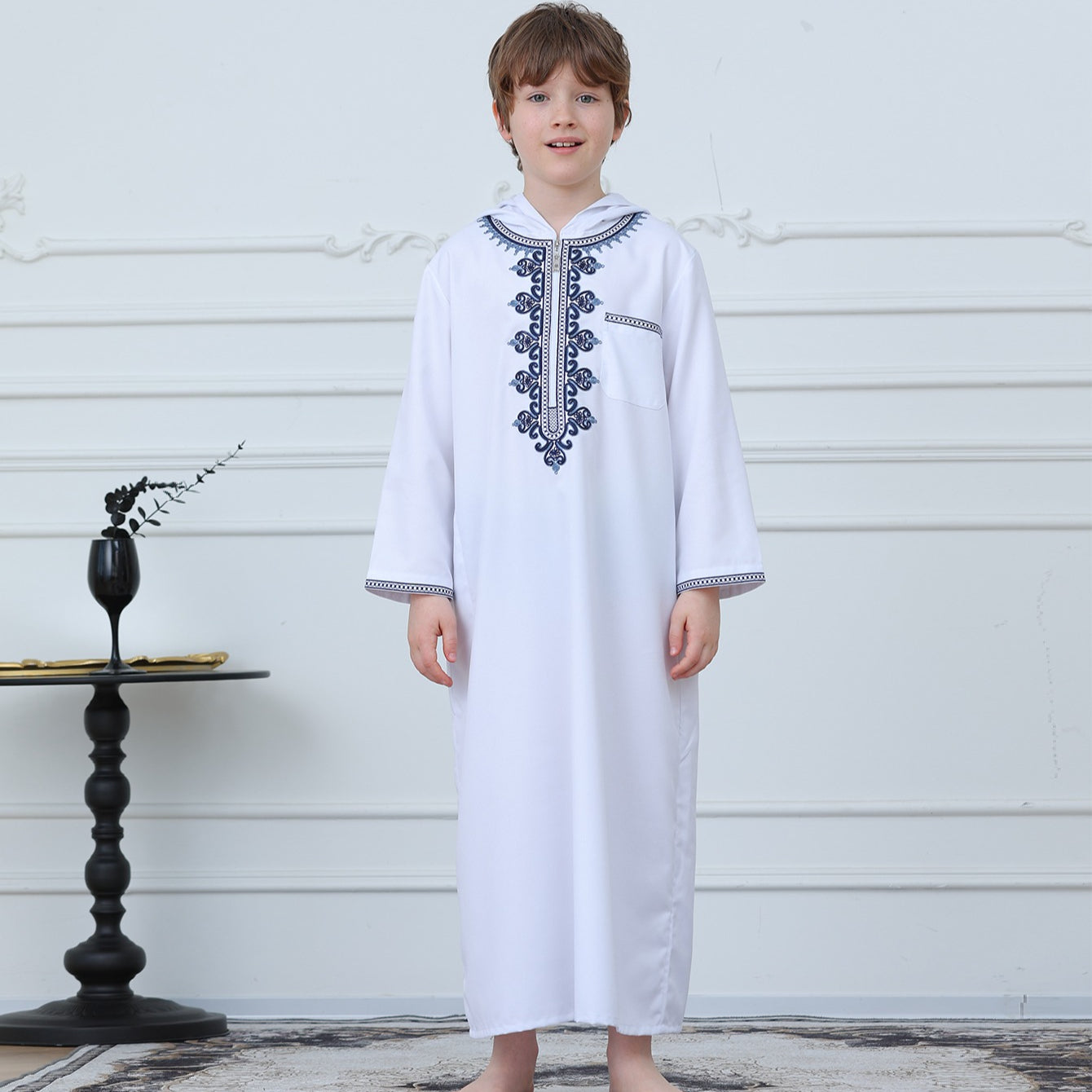 Boys Embroidered Hooded Thobe with Pockets (MKB014)