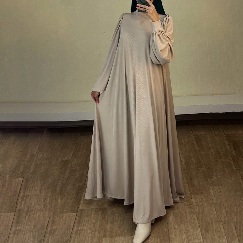 Solid Color Round Neck Belted Abaya | Puff Sleeve Button Cuff Maxi Dress with Belt(MA305)
