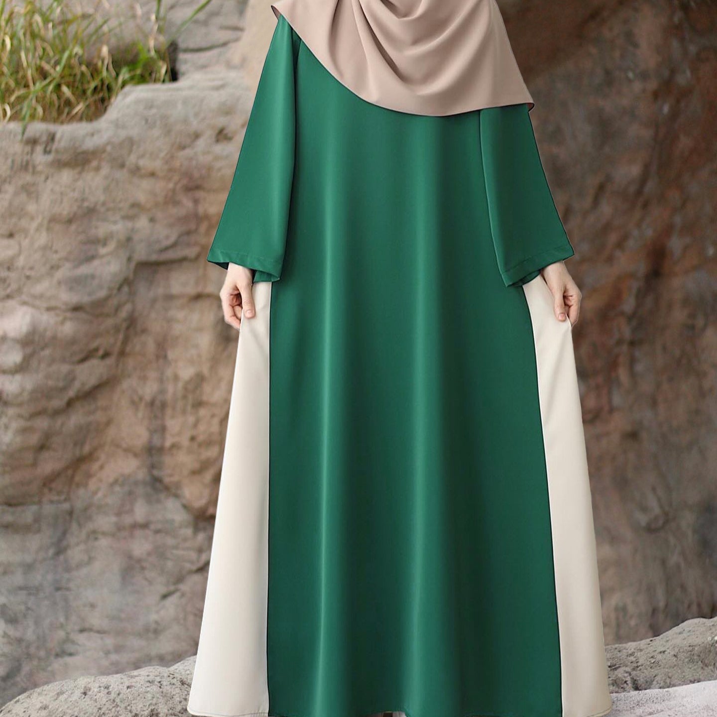 Colorblock Side-Tie Abaya | Two-Tone Round Neck Maxi Dress(MA362)