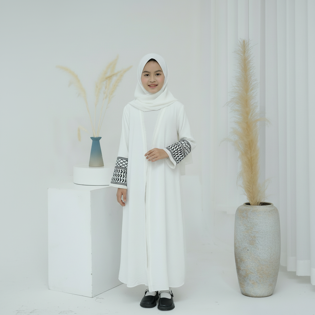 Embroidered Children's Abaya Set Pakistan Geometric Print Robe Abaya with Matching Belt Kid Abaya(MKG015)