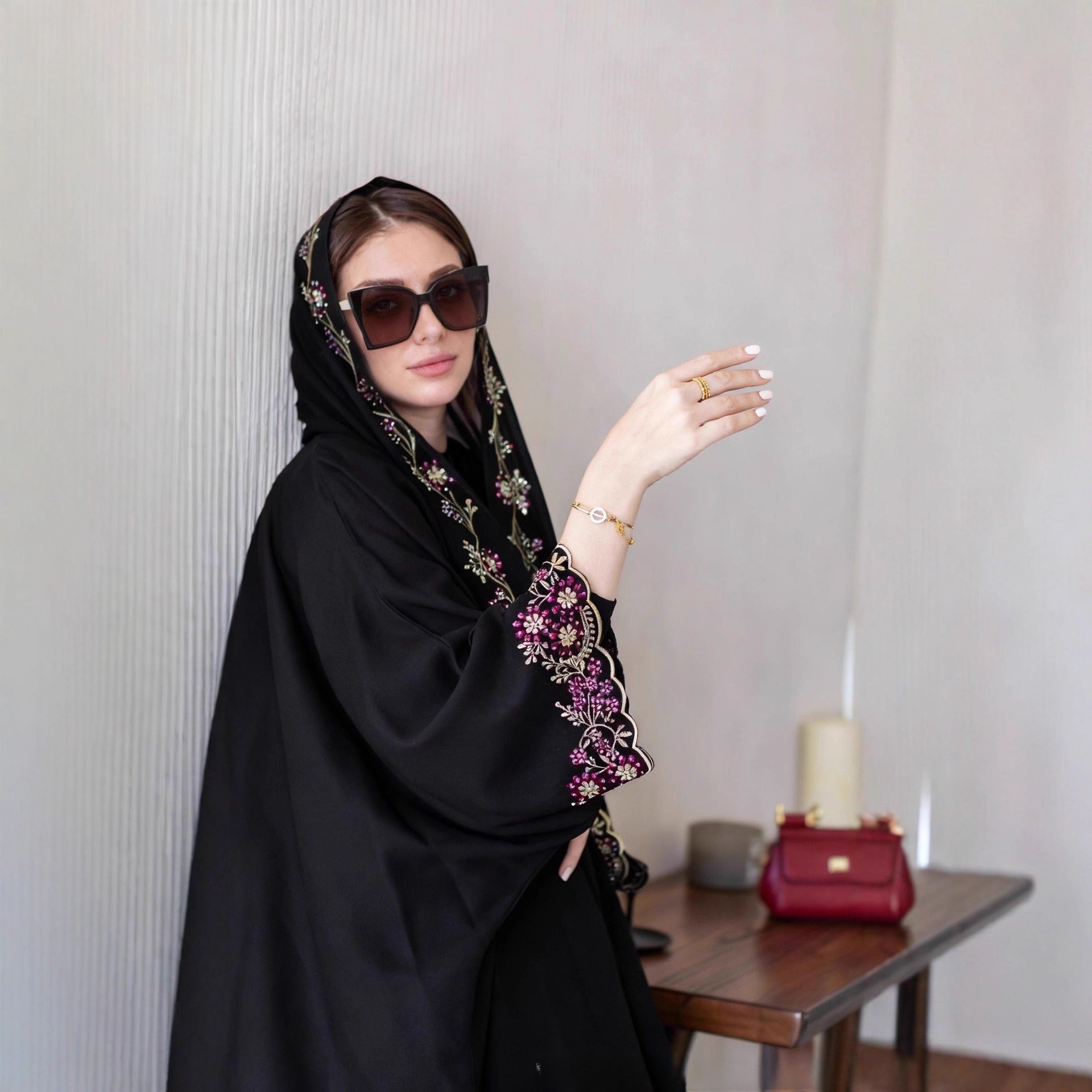 Black Abaya with Embroidered Floral Hijab Set(MOA279)