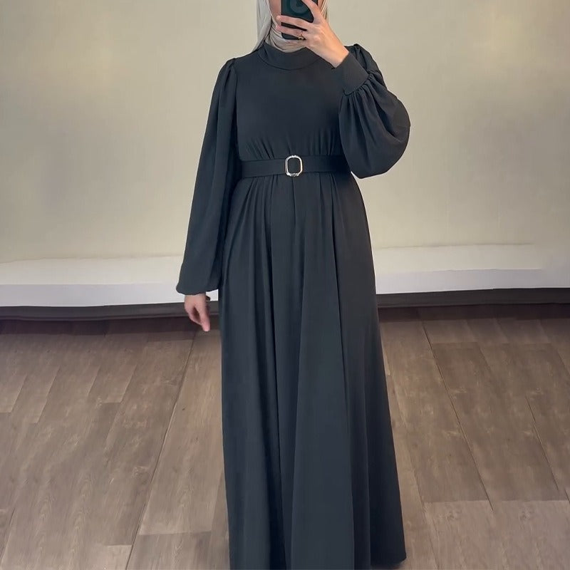 Solid Color Round Neck Belted Abaya | Puff Sleeve Button Cuff Maxi Dress with Belt(MA305)