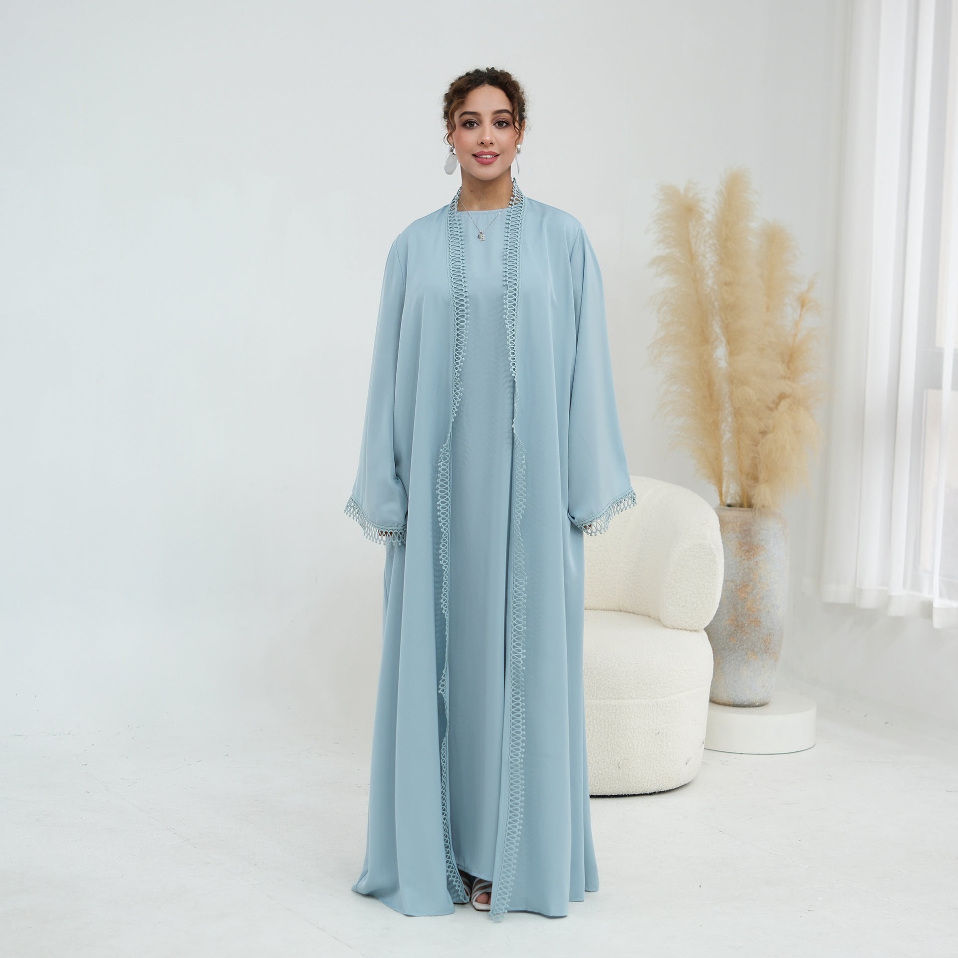 3D Lace Trim Open Abaya & Sleeveless Dress Set(MOA323)