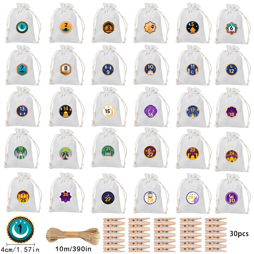 Ramadan 1–30 Countdown Calendar Gift Bag Set Drawstring Hanging Pouches (MAC385)