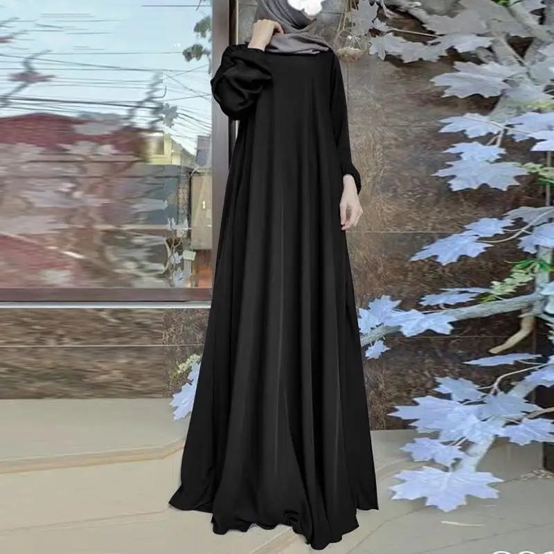 Satin Round Neck Floor Length Abaya | Puff Sleeve Elastic Cuff Maxi Dress(MA303)
