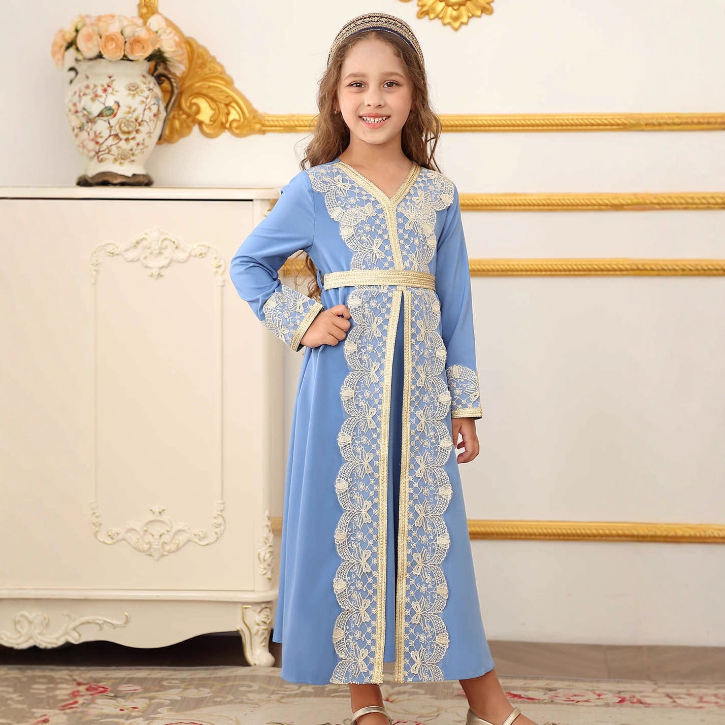 Girls Lace Trim Kaftan Dress | Elegant Kids Formal Abaya(MKG018)