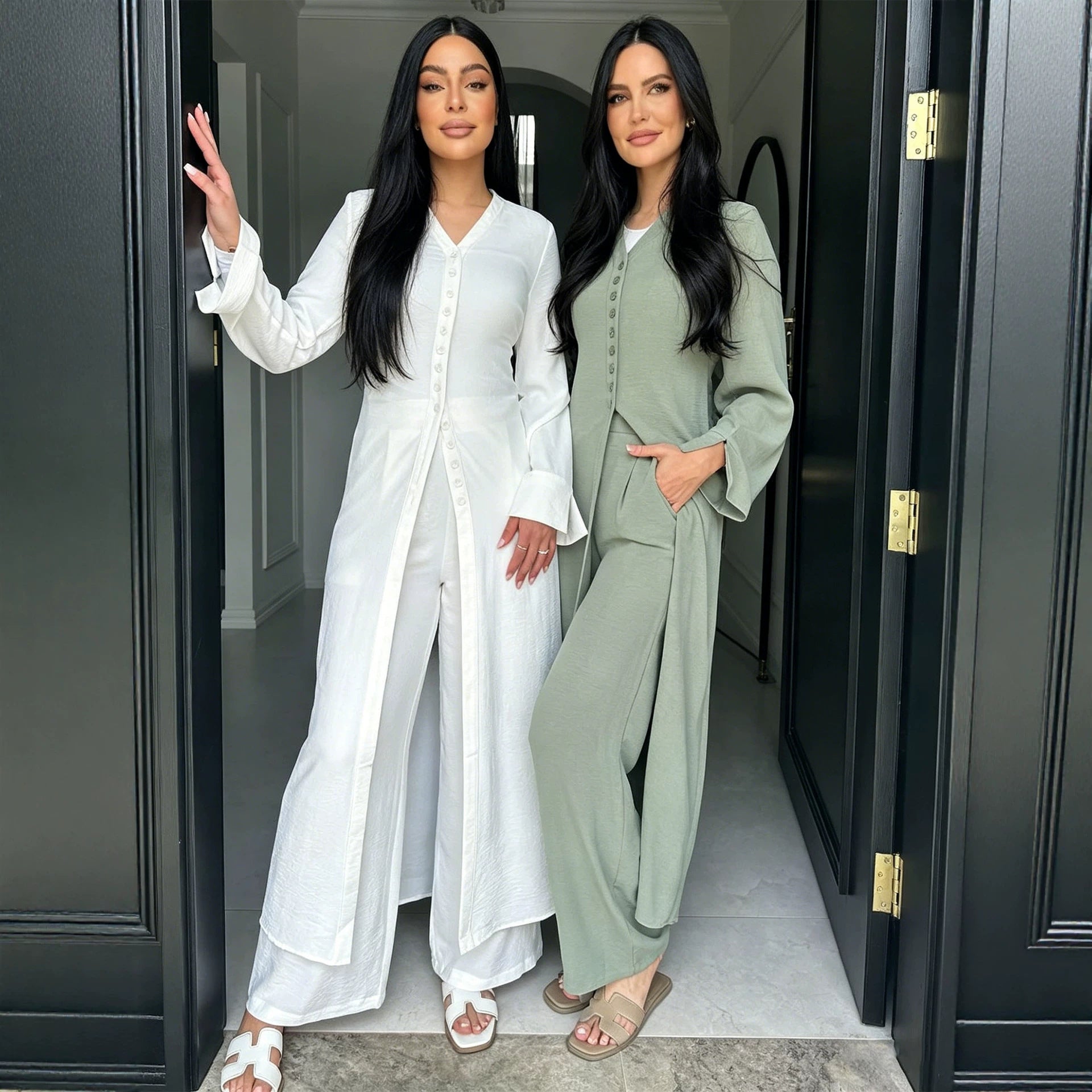 V-Neck Button-Through Longline Cardigan & Wide-Leg Trouser Set(MS470)