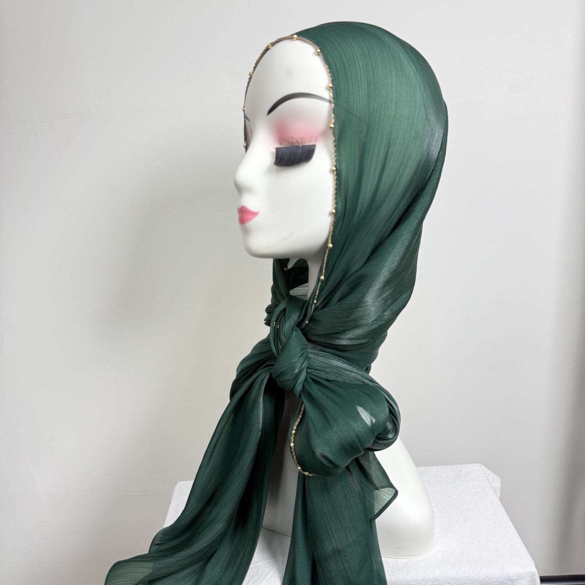 Gold Chain Beaded Edge Crinkle Satin Hijab(MH238)