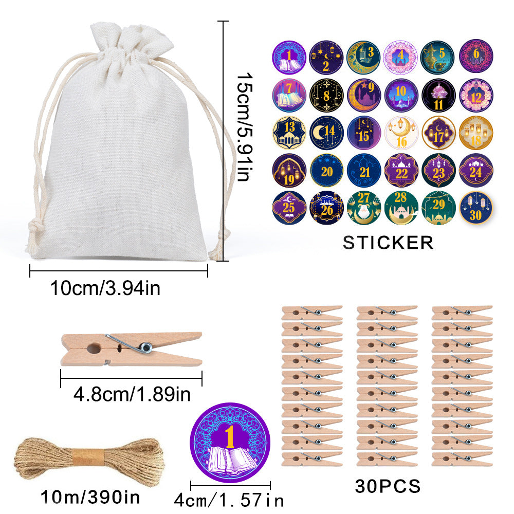 Ramadan 1–30 Countdown Calendar Gift Bag Set Drawstring Hanging Pouches (MAC385)