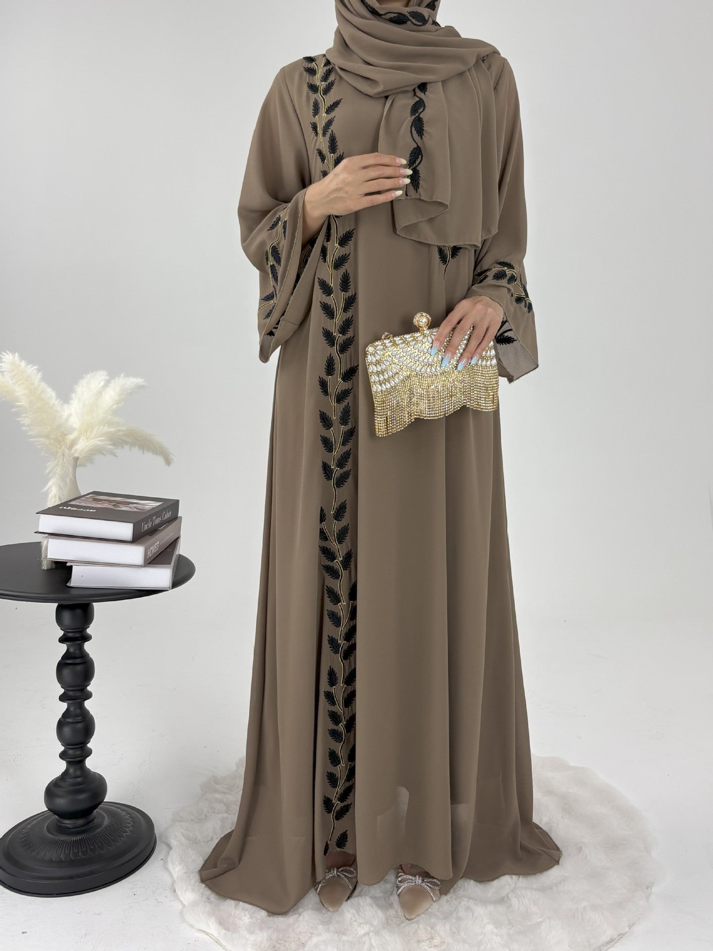 Embroidered Chiffon Bell Sleeve Pullover Maxi Dress Abaya with Matching Hijab 2-Piece Set(MA301)
