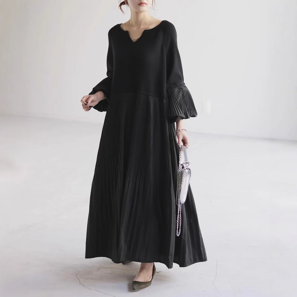Pleated Knit Maxi Dress | Bubble Sleeve Mixed Media Sweater Dress(MS228)