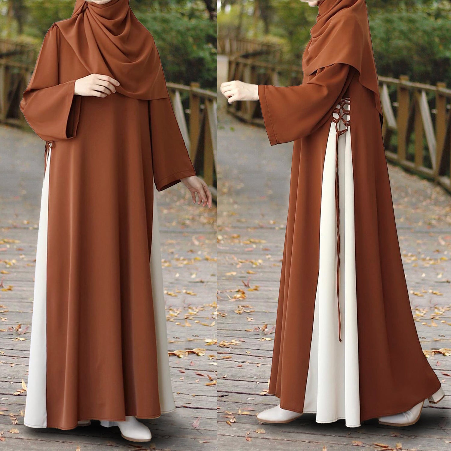 Colorblock Side-Tie Abaya | Two-Tone Round Neck Maxi Dress(MA362)