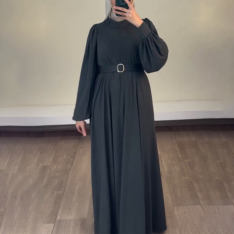 Solid Color Round Neck Belted Abaya | Puff Sleeve Button Cuff Maxi Dress with Belt(MA305)