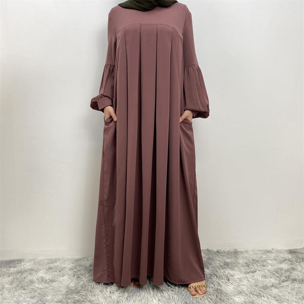 MA061 Round Neck Solid Color Ruffled Abaya With Pockets - Mariam's Collection