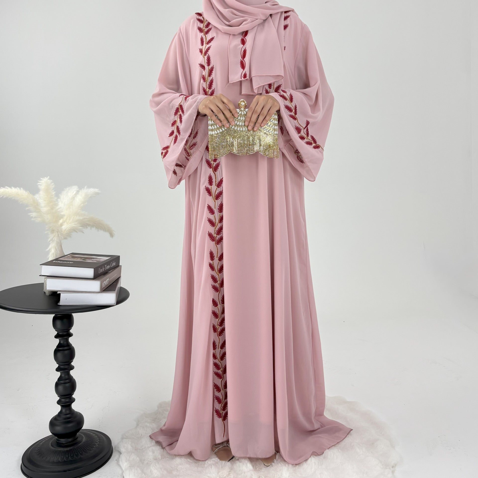 Embroidered Chiffon Bell Sleeve Pullover Maxi Dress Abaya with Matching Hijab 2-Piece Set(MA301)