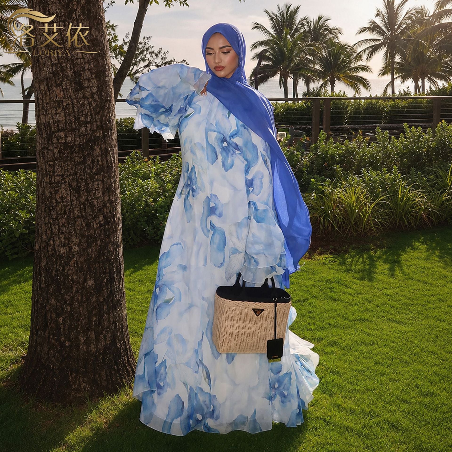 Watercolour Print Double-Layer Flared-Sleeve Maxi Dress(MA479)