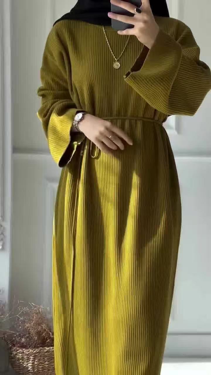 Casual Knitted Modest Dress with Flared Sleeves - Muslim-Friendly Crew Neck Pullover Maxi Dress with Belt(MS104)