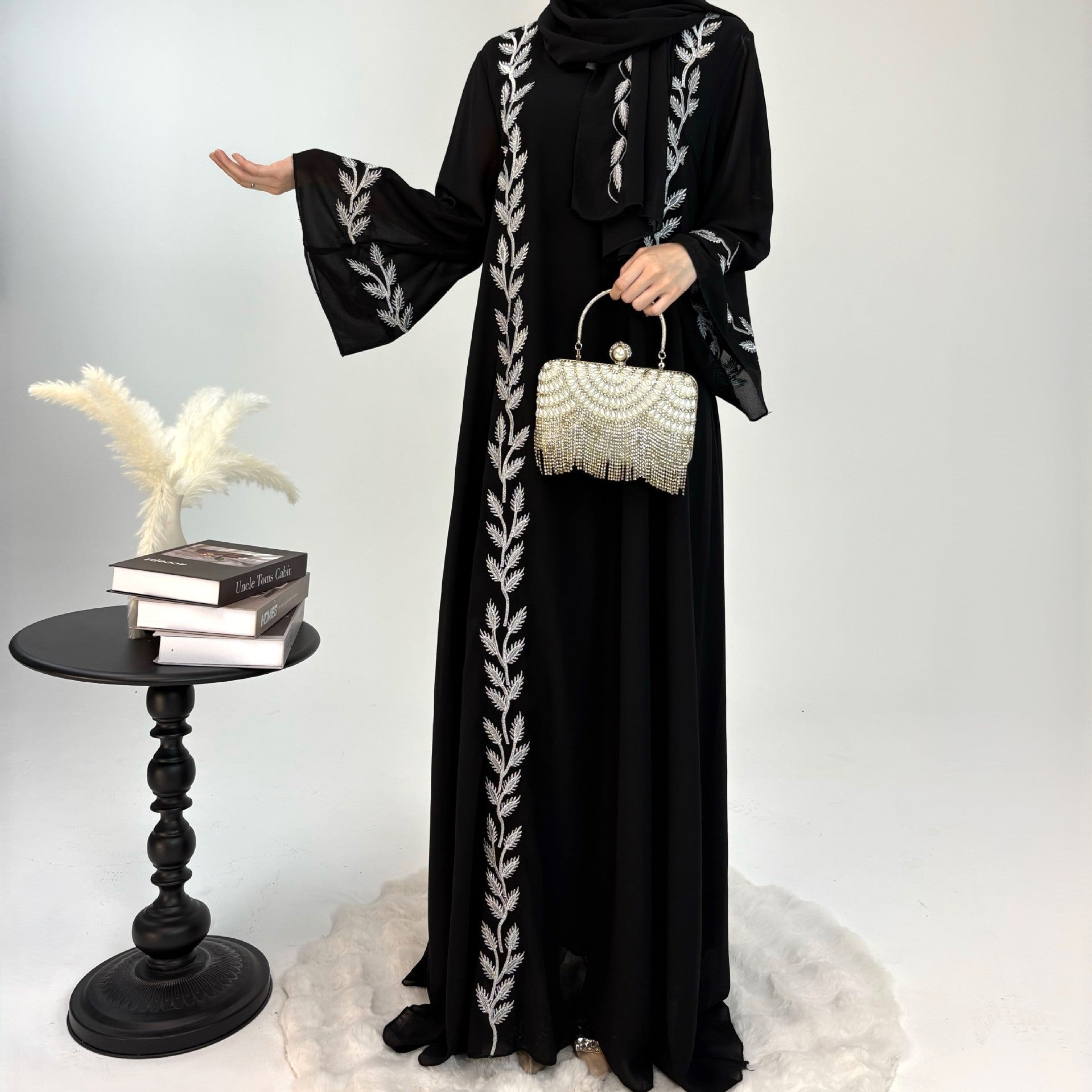 Embroidered Chiffon Bell Sleeve Pullover Maxi Dress Abaya with Matching Hijab 2-Piece Set(MA301)