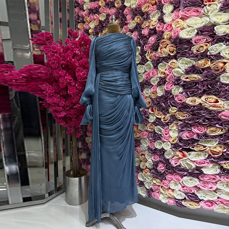 Ruched Evening Dress | Puff Sleeve Bodycon Maxi Dress(MS280)