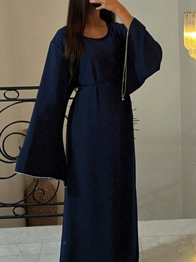 Luxury Loose Cuff Chain Abaya Dress - Modest Long Sleeve Elegant Robe with Silver Detailing(MA278)