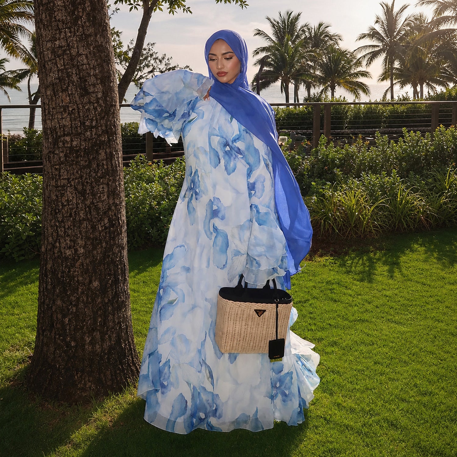 Watercolour Print Double-Layer Flared-Sleeve Maxi Dress(MA479)