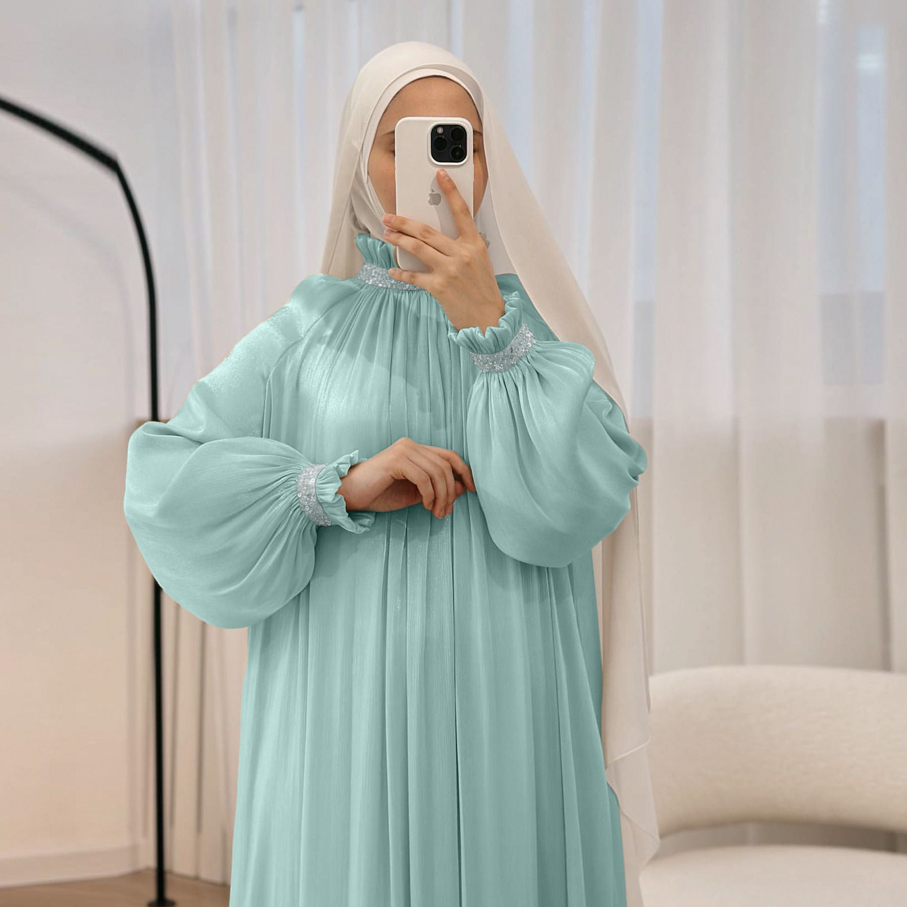 Elegant Glossy Flower Cuff Sequinned Abaya (MA140)