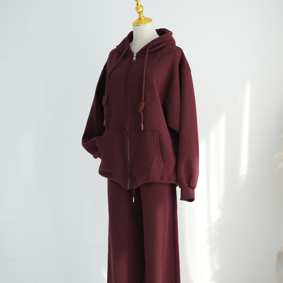 Zip-Up Hoodie & Wide-Leg Pants Set | Casual Modest Athleisure Two-Piece Outfit(MS595)