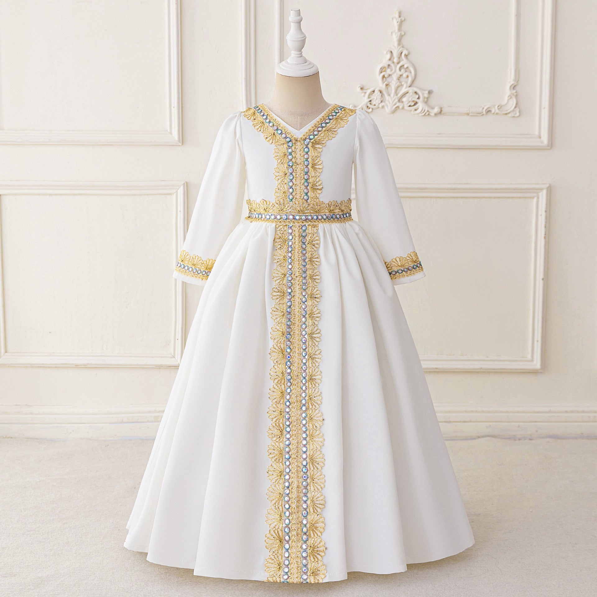 Girls Embroidered Kaftan Dress with Jeweled Belt(MKG021)