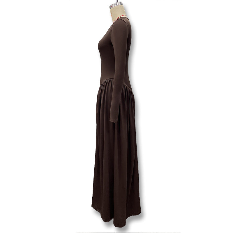 Gathered Waist Maxi Dress | U-Neck Long Sleeve Modal Dress(MS232)