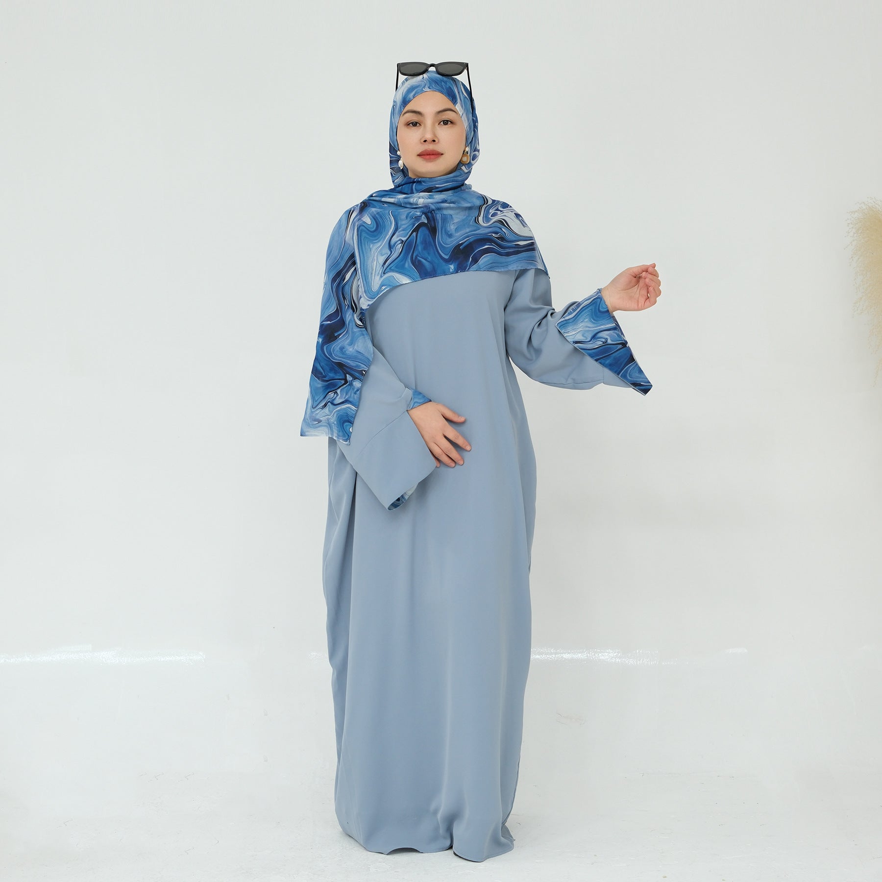Printed Cuff Nida Abaya & Hijab Set | Relaxed Pocket Maxi Dress(MA360)