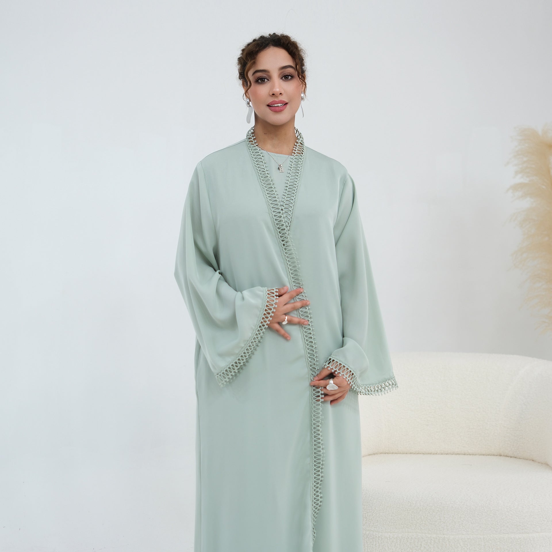 3D Lace Trim Open Abaya & Sleeveless Dress Set(MOA323)