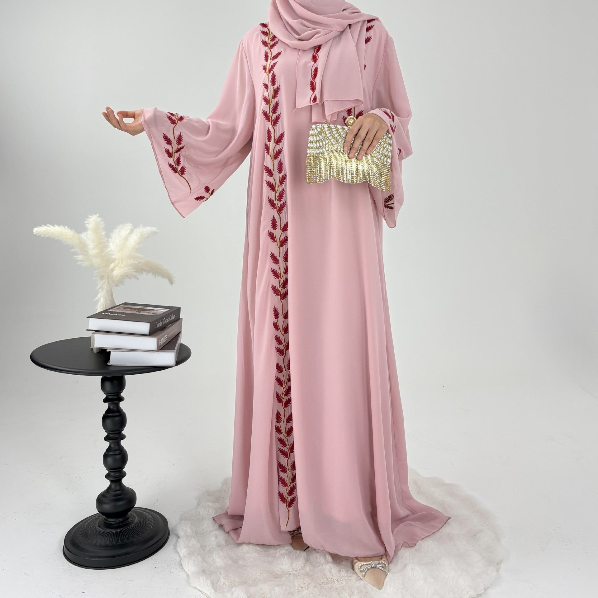 Embroidered Chiffon Bell Sleeve Pullover Maxi Dress Abaya with Matching Hijab 2-Piece Set(MA301)
