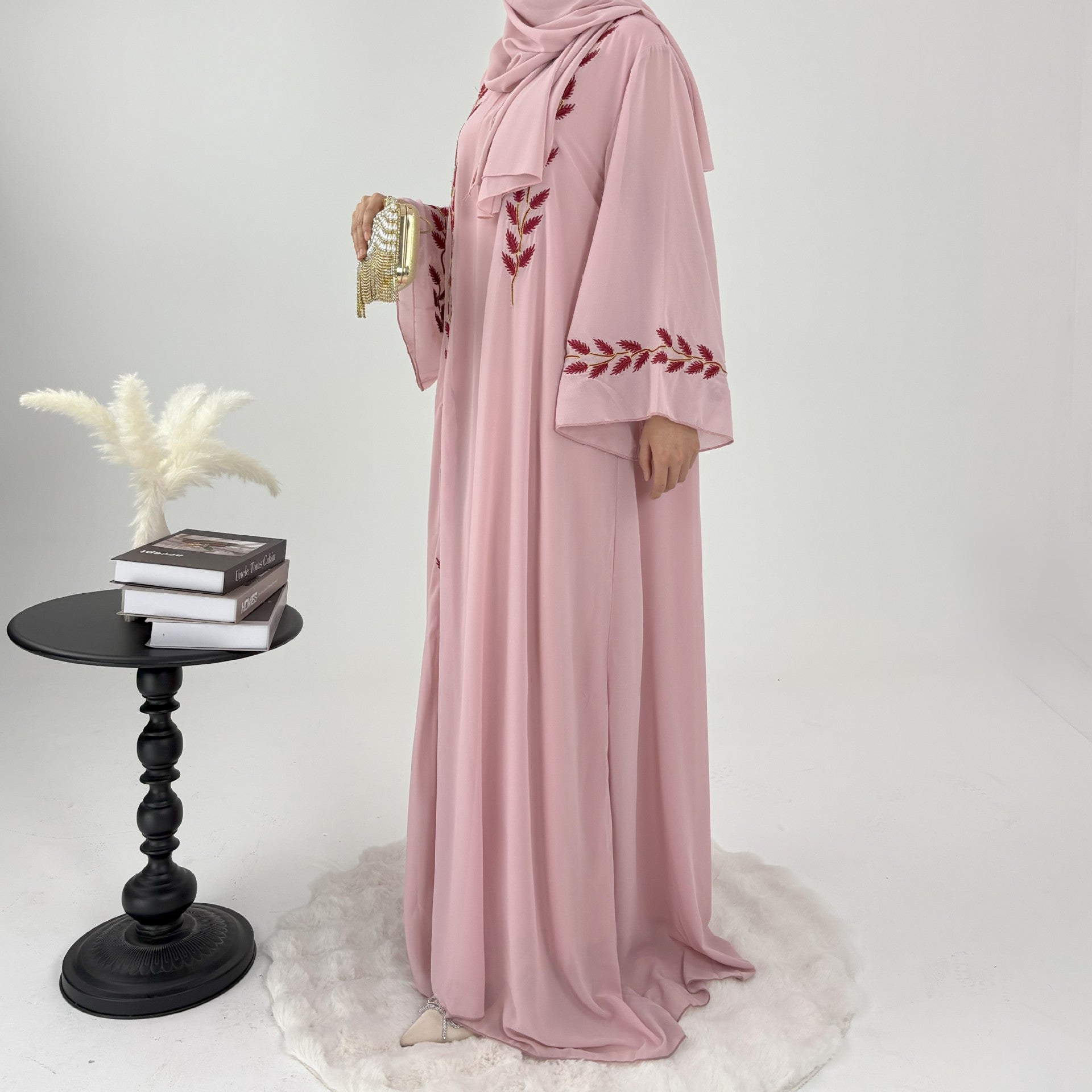 Embroidered Chiffon Bell Sleeve Pullover Maxi Dress Abaya with Matching Hijab 2-Piece Set(MA301)