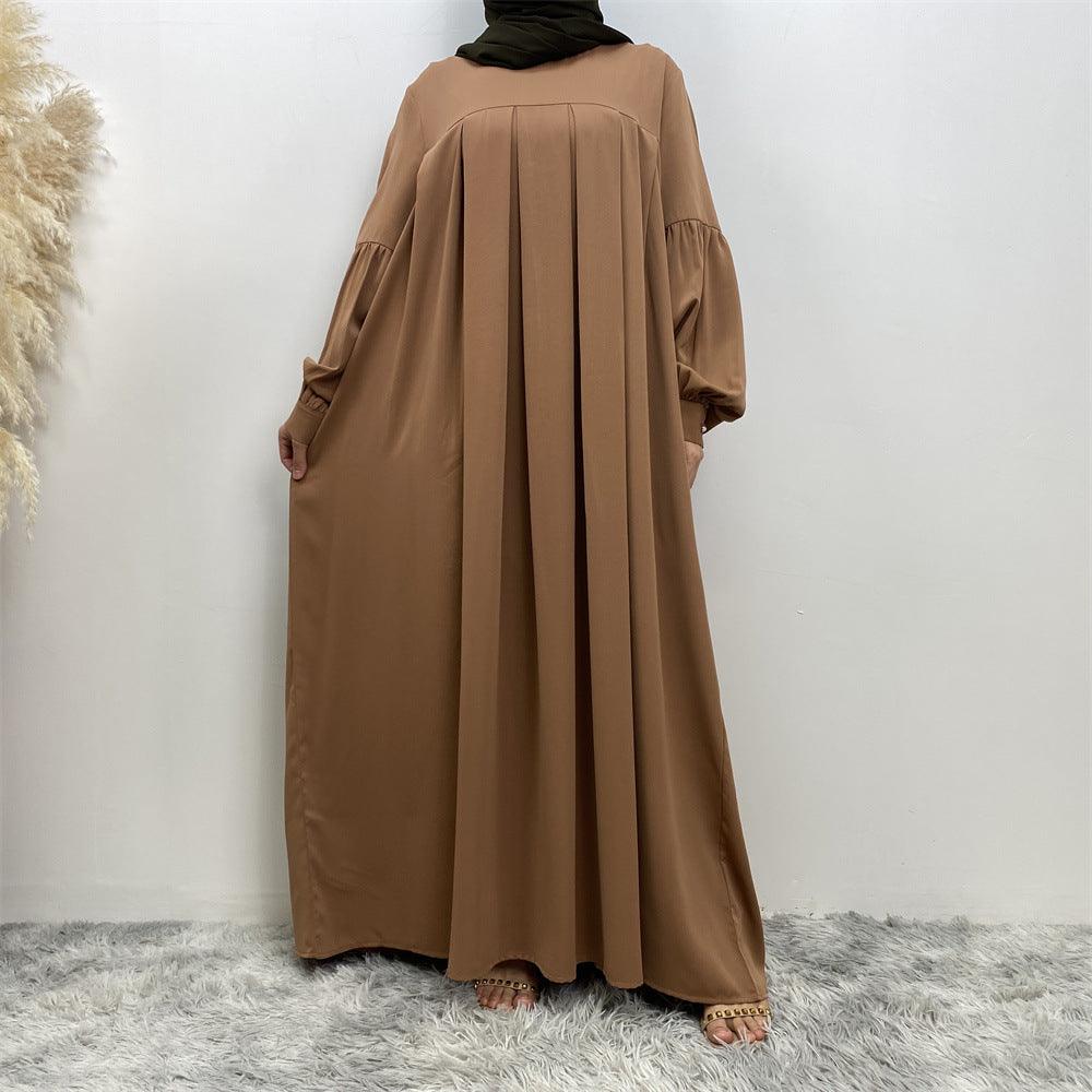 MA061 Round Neck Solid Color Ruffled Abaya With Pockets - Mariam's Collection