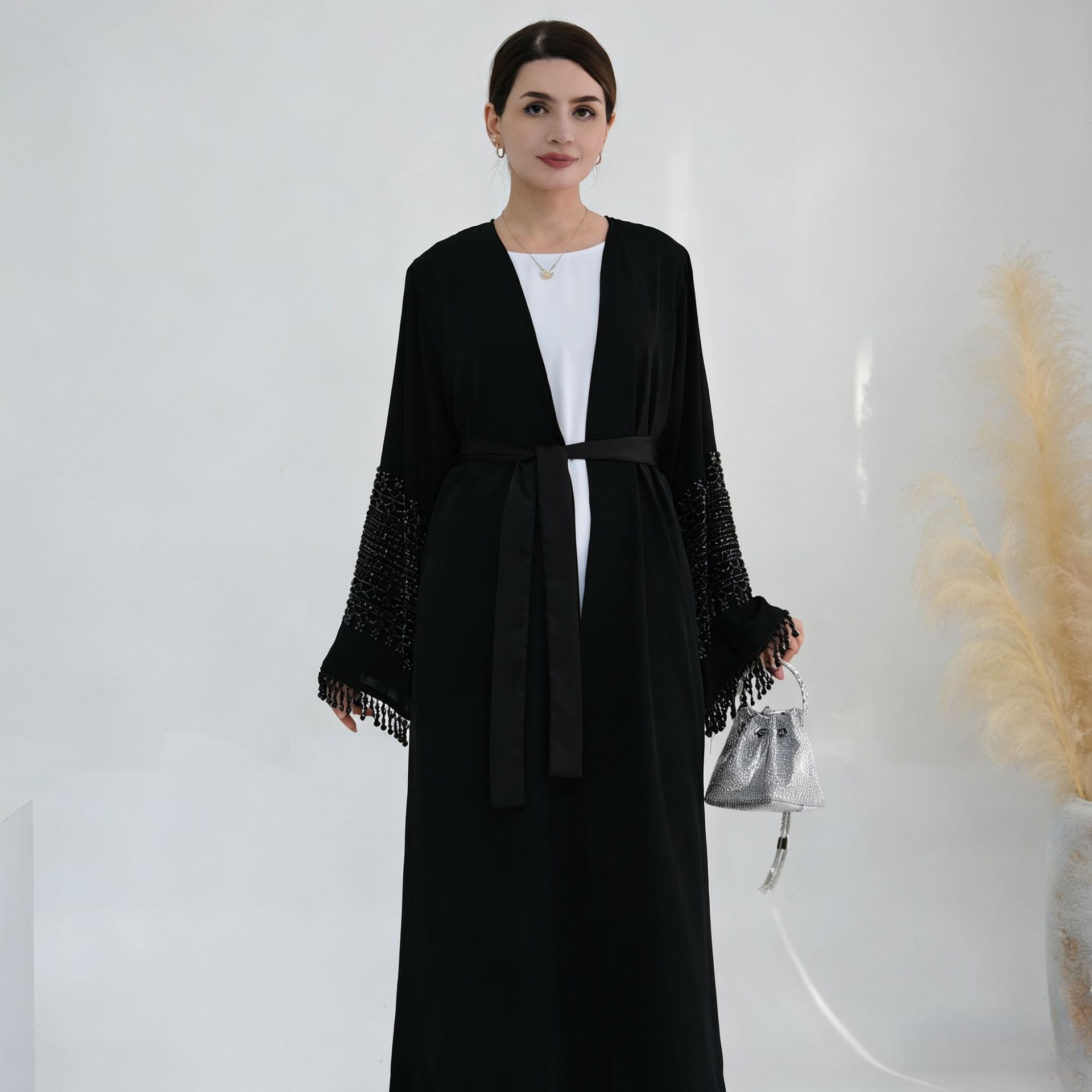 Beaded Embroidery Flared-Sleeve Open Abaya(MOA334)