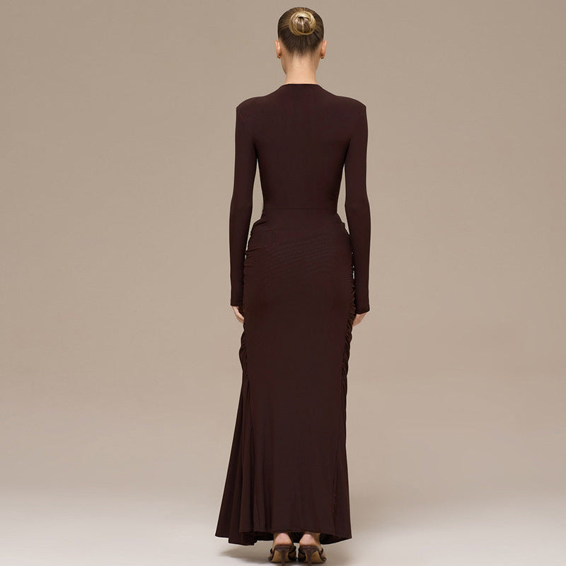 Ruched Bodycon Gown with Metal Hardware | High Neck Modal Maxi Dress(MS233)