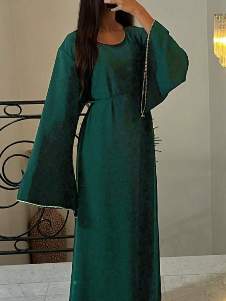 Luxury Loose Cuff Chain Abaya Dress - Modest Long Sleeve Elegant Robe with Silver Detailing(MA278)