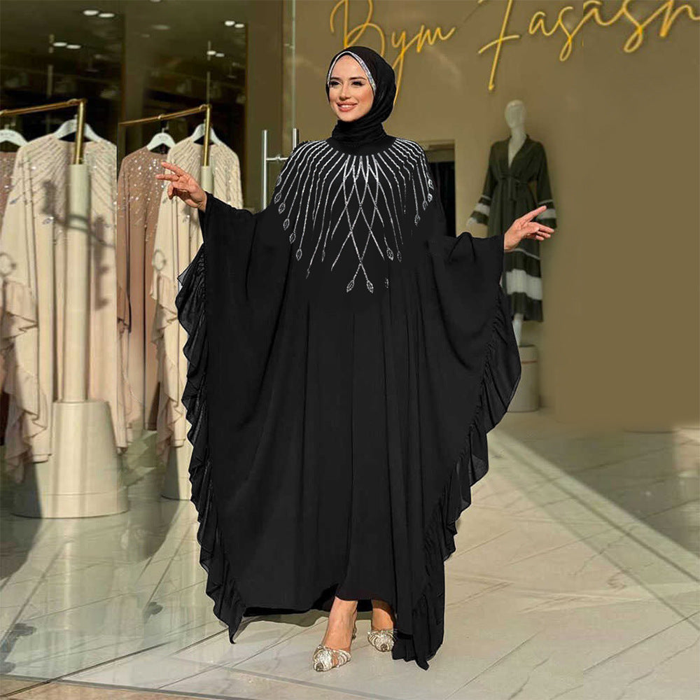 Rhinestone Embellished Butterfly Sleeve Abaya | Art Deco Kaftan Gown(MA374)