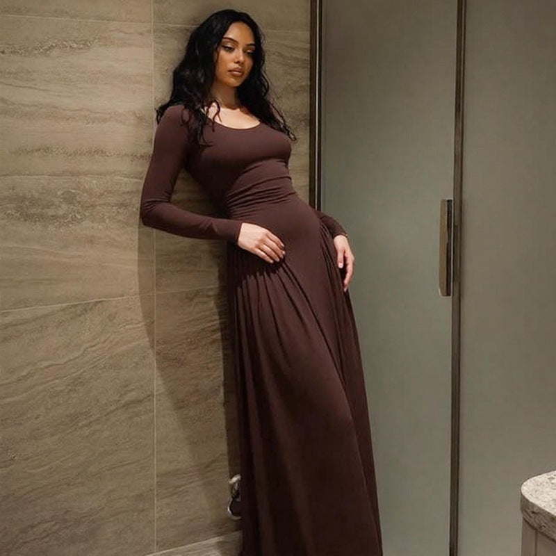 Gathered Waist Maxi Dress | U-Neck Long Sleeve Modal Dress(MS232)