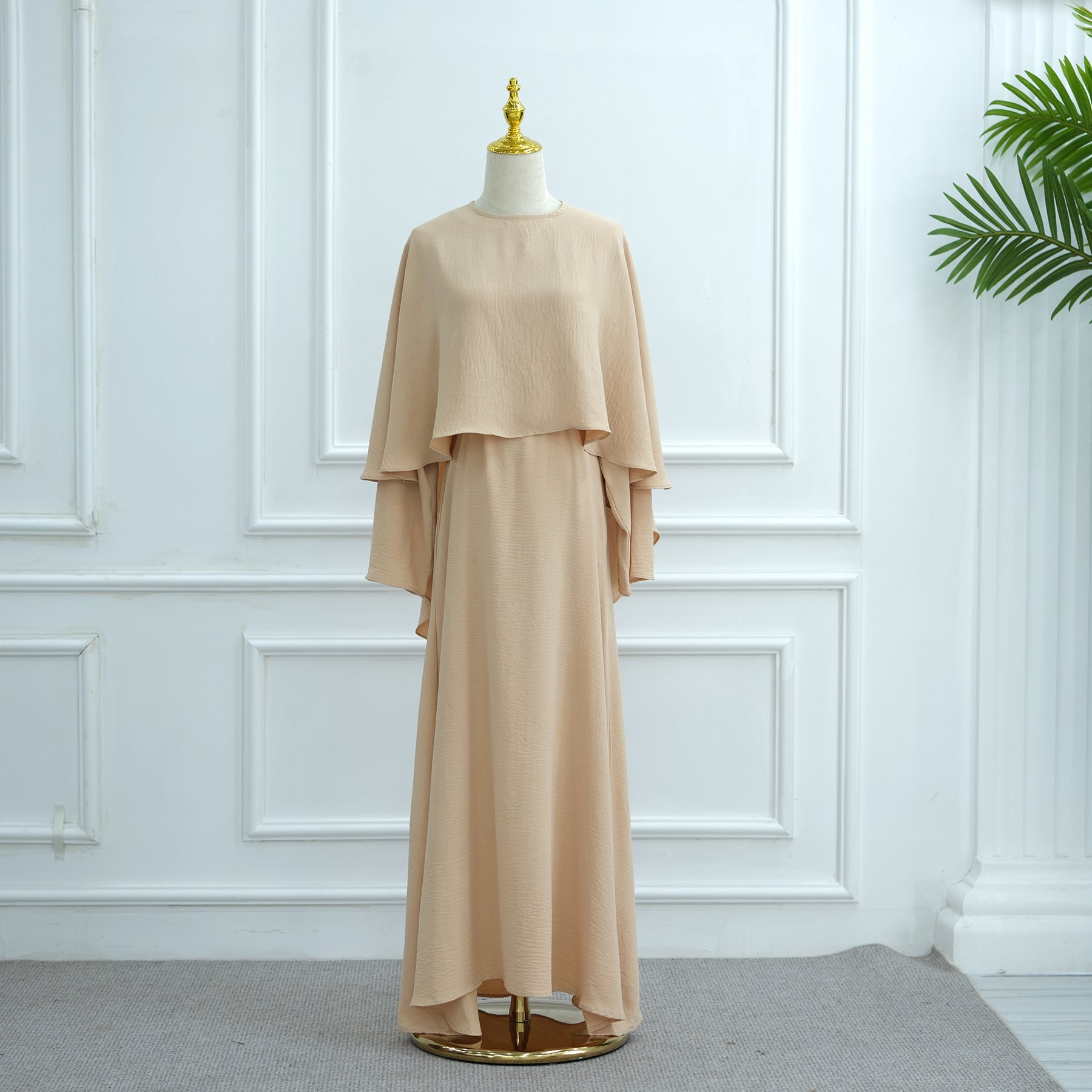 Ice Silk Crinkle Cape Set | 3-Piece Solid Color Abaya with Inner Dress & Belt(MA304)
