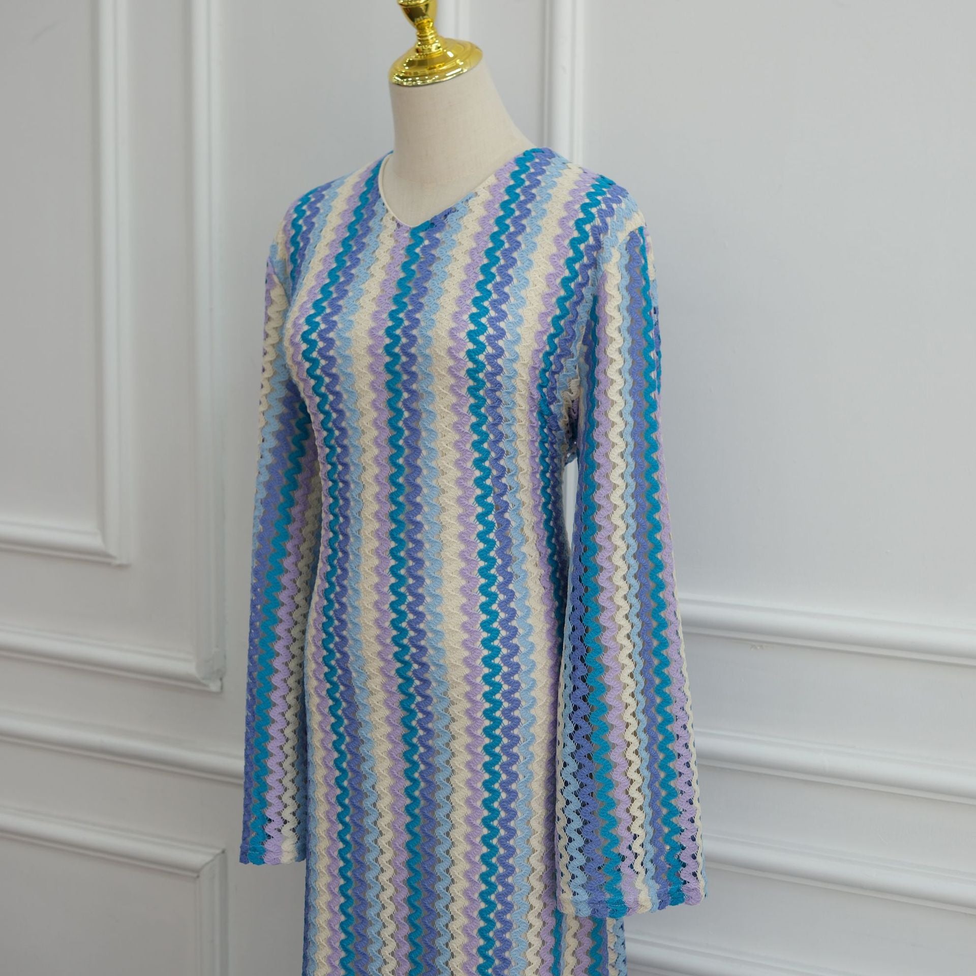 Rainbow Jacquard Flared-Sleeve Maxi Dress(MS486)