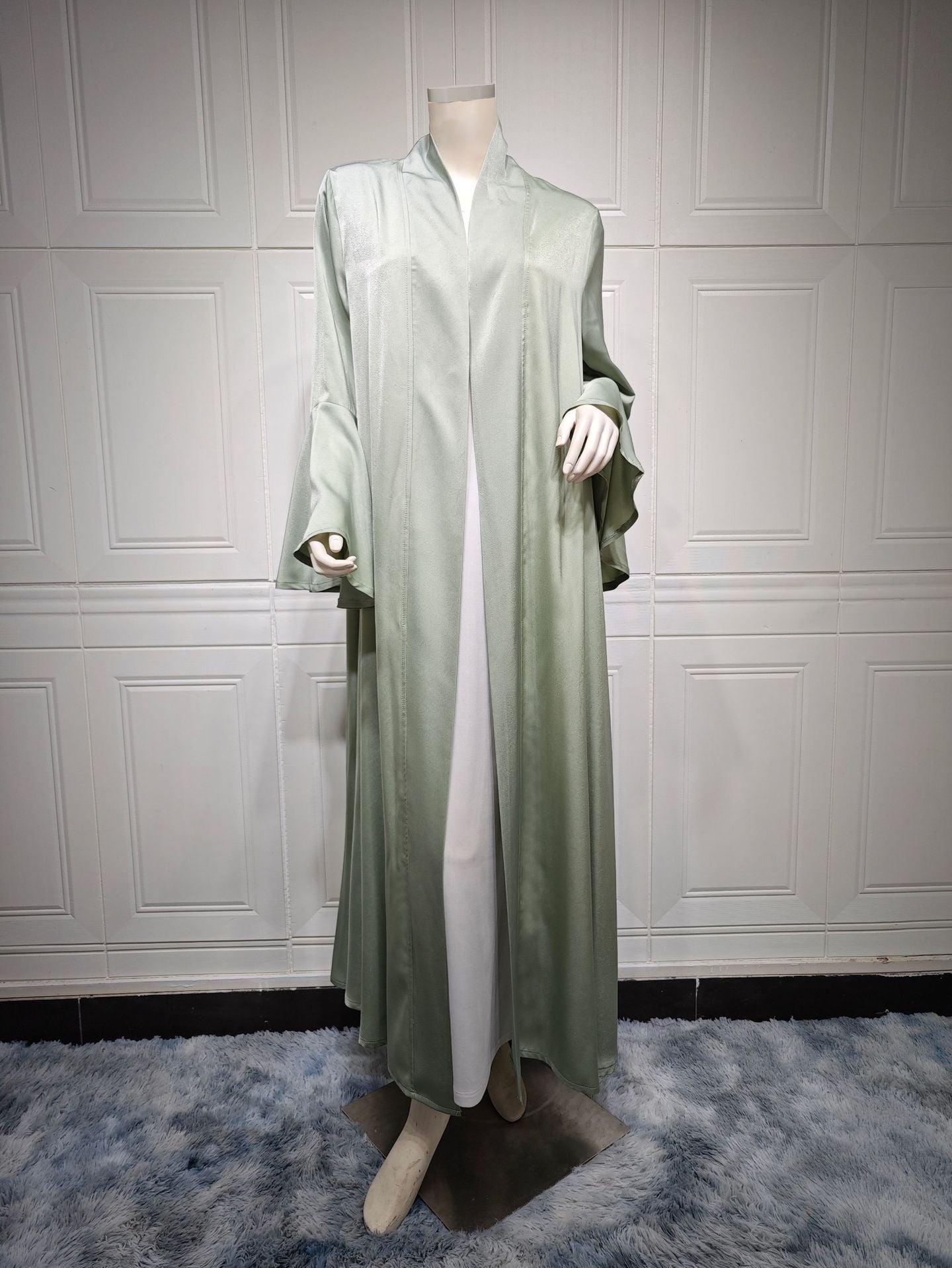 Lotus Leaf Sleeve Solid Soft Satin Open Front Abaya Dress | Lightweight Modest Abaya Cover(MOA220)