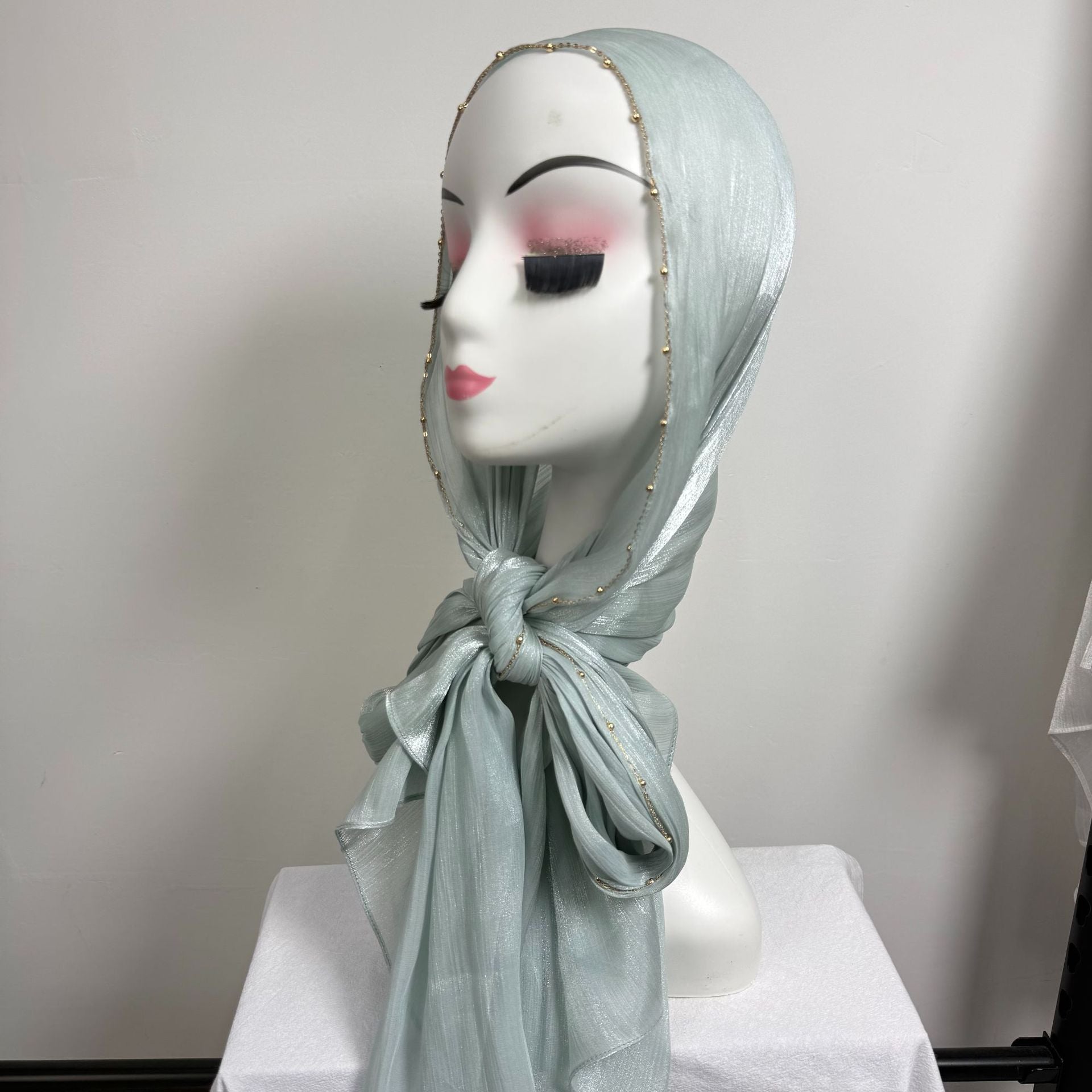 Gold Chain Beaded Edge Crinkle Satin Hijab(MH238)