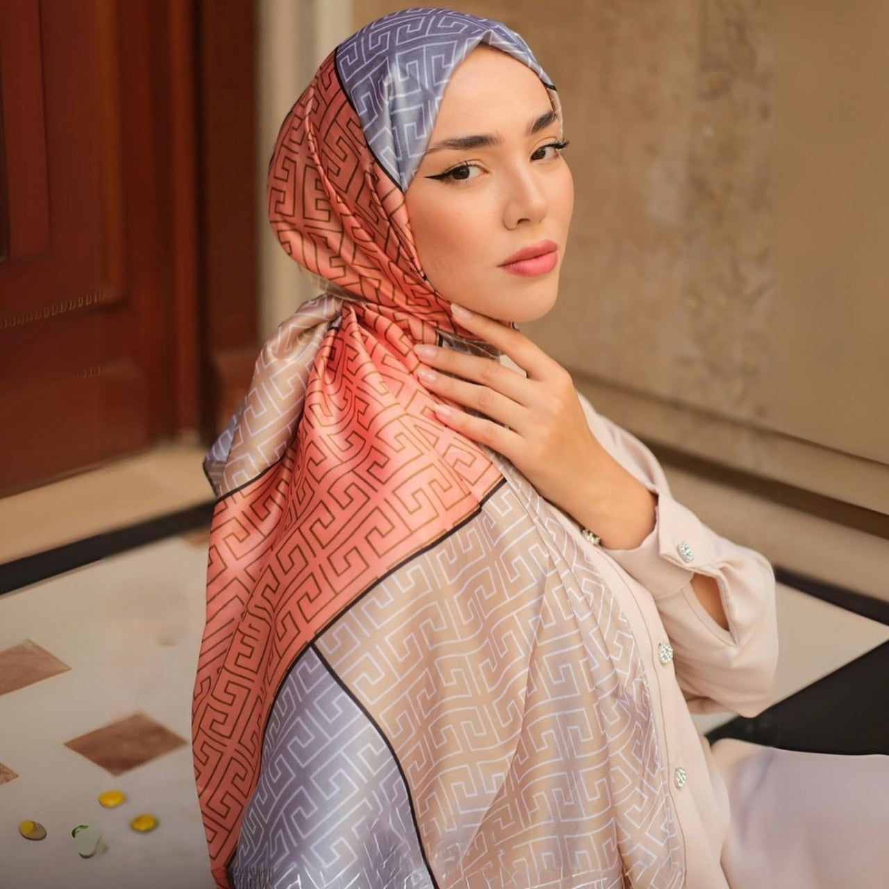 Long-Length Printed Satin Elegance Hijab (MH173)