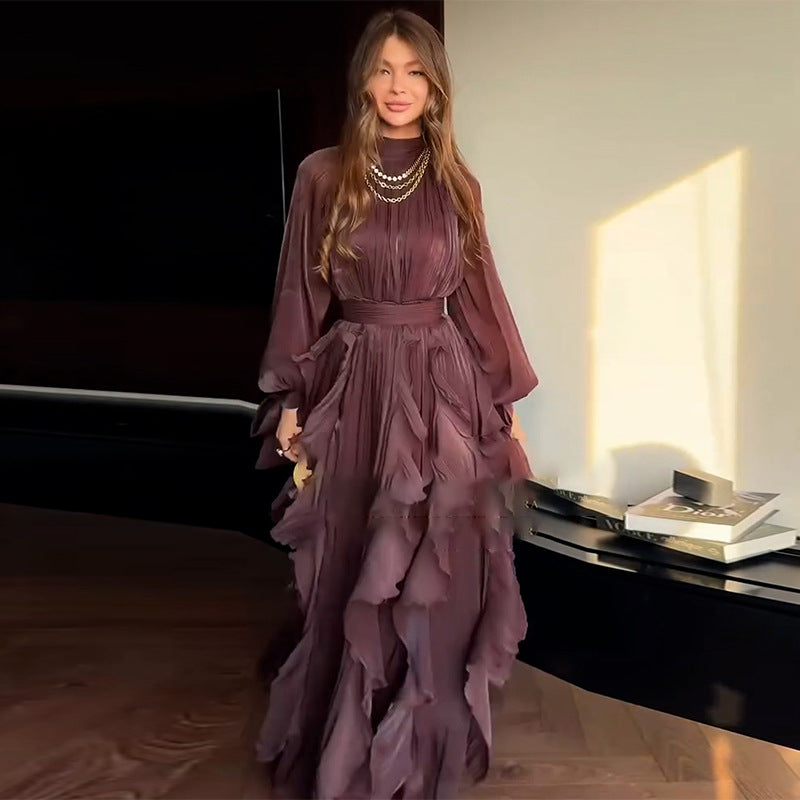 Cascading Ruffle Gown | High Neck Tie-Waist Maxi Dress(MS231)