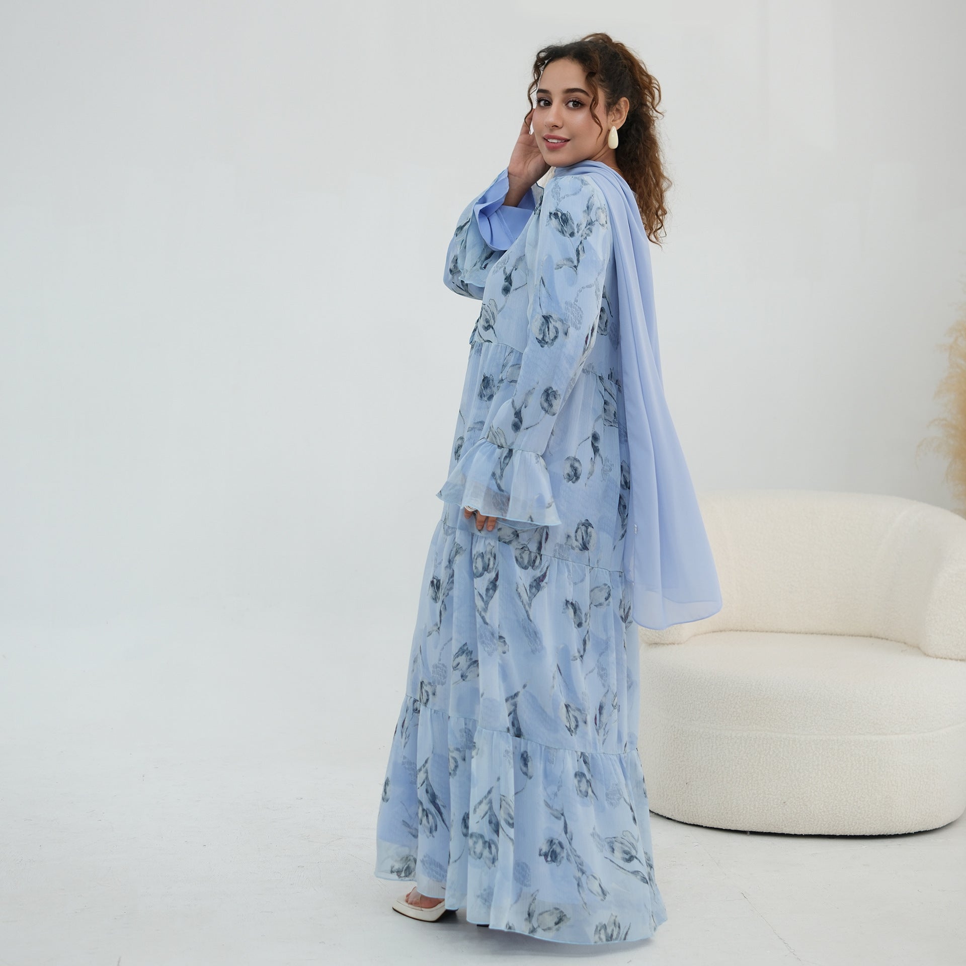 Chiffon Crinkle Flared Sleeve Tiered Open Abaya Set(MOA341)
